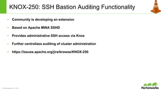 © Hortonworks Inc. 2014
KNOX-250: SSH Bastion Auditing Functionality
• Community is developing an extension
• Based on Apache MINA SSHD
• Provides administrative SSH access via Knox
• Further centralizes auditing of cluster administration
• https://issues.apache.org/jira/browse/KNOX-250
 