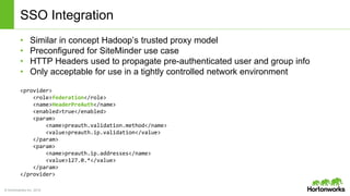 © Hortonworks Inc. 2014
SSO Integration
• Similar in concept Hadoop’s trusted proxy model
• Preconfigured for SiteMinder use case
• HTTP Headers used to propagate pre-authenticated user and group info
• Only acceptable for use in a tightly controlled network environment
<provider>
<role>federation</role>
<name>HeaderPreAuth</name>
<enabled>true</enabled>
<param>
<name>preauth.validation.method</name>
<value>preauth.ip.validation</value>
</param>
<param>
<name>preauth.ip.addresses</name>
<value>127.0.*</value>
</param>
</provider>
 