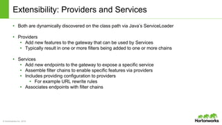 © Hortonworks Inc. 2014
Extensibility: Providers and Services
• Both are dynamically discovered on the class path via Java’s ServiceLoader
• Providers
• Add new features to the gateway that can be used by Services
• Typically result in one or more filters being added to one or more chains
• Services
• Add new endpoints to the gateway to expose a specific service
• Assemble filter chains to enable specific features via providers
• Includes providing configuration to providers
• For example URL rewrite rules
• Associates endpoints with filter chains
 