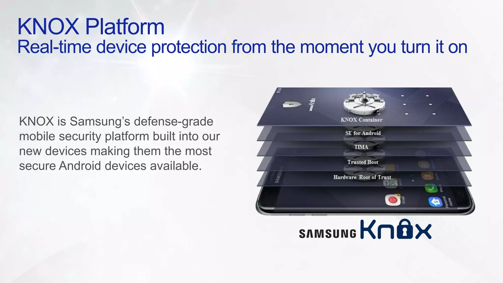 KNOX is Samsung’s defense-grade
mobile security platform built into our
new devices making them the most
secure Android devices available.
KNOX Platform
Real-time device protection from the moment you turn it on
 