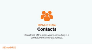 #KnoxHUG
Keep track of the leads you’re converting in a
centralized marketing database.
CONVERT STAGE
Contacts
 
