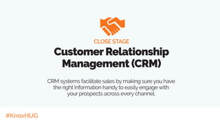 #KnoxHUG
CRM systems facilitate sales by making sure you have
the right information handy to easily engage with
your prospects across every channel.
CLOSE STAGE
CustomerRelationship
Management (CRM)
 