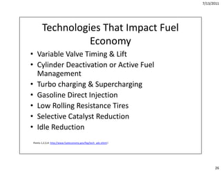 7/13/2011




       Technologies That Impact Fuel 
                 Economy
• Variable Valve Timing & Lift
  Variable Val...