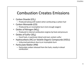 7/13/2011




   Combustion Creates Emissions
   Combustion Creates Emissions
• Carbon Dioxide (CO2)
   – P d d( l
     Pr...