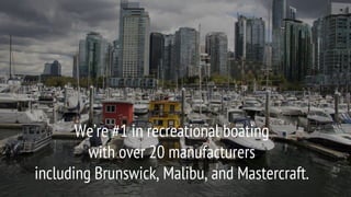 We’re #1 in recreational boating
with over 20 manufacturers
including Brunswick, Malibu, and Mastercraft.
 