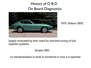 History of O B D
                 On Board Diagnostics


                                              1975: Datsun 280Z




largely motivated by their need for real-time tuning of fuel
injection systems

                       Simple OBD

 no standardization in what is monitored or how it is reported
 