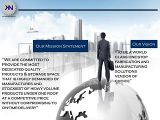 “To be a world
class one-stop
fabrication and
manufacturing
solutions
vendor of
choice”
Our Vision
“We are committed to
Provide the most
dedicated quality
products & storage space
that is highly demanded by
manufactures and
stockiest of heavy volume
products under one roof
at a competitive price
without compromising to
on-time-delivery”
Our Mission Statement
 