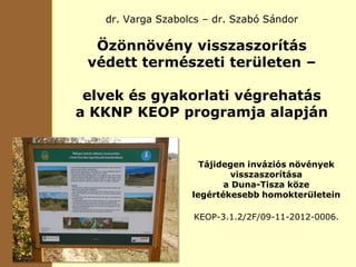 dr. Varga Szabolcs – dr. Szabó Sándor
Özönnövény visszaszorítás
védett természeti területen –
elvek és gyakorlati végrehatás
a KKNP KEOP programja alapján
Tájidegen inváziós növények
visszaszorítása
a Duna-Tisza köze
legértékesebb homokterületein
KEOP-3.1.2/2F/09-11-2012-0006.
 