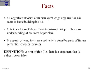 4/25/2023 11
Facts
• All cognitive theories of human knowledge organization use
facts as basic building blocks
• A fact is a form of declarative knowledge that provides some
understanding of an event or problem
• In expert systems, facts are used to help describe parts of frames
semantic networks, or rules
DEFINITION: A proposition (i.e. fact) is a statement that is
either true or false
 