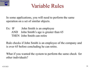 4/25/2023 30
Variable Rules
In some applications, you will need to perform the same
operation on a set of similar objects.
Ex: IF John Smith is an employee
AND John Smith’s age is greater than 65
THEN John Smith can retire
Rule checks if John Smith is an employee of the company and
is over 65 before concluding he can retire.
What if you wanted the system to perform the same check for
other individuals?
 