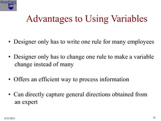 4/25/2023 32
Advantages to Using Variables
• Designer only has to write one rule for many employees
• Designer only has to change one rule to make a variable
change instead of many
• Offers an efficient way to process information
• Can directly capture general directions obtained from
an expert
 