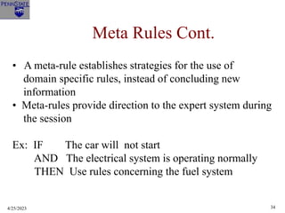 4/25/2023 34
Meta Rules Cont.
• A meta-rule establishes strategies for the use of
domain specific rules, instead of concluding new
information
• Meta-rules provide direction to the expert system during
the session
Ex: IF The car will not start
AND The electrical system is operating normally
THEN Use rules concerning the fuel system
 