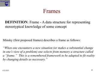 4/25/2023 40
Frames
DEFINITION: Frame - A data structure for representing
stereotypical knowledge of some concept
Minsky (first proposed frames) describes a frame as follows:
“When one encounters a new situation (or makes a substantial change
in one’s view of a problem) one selects from memory a structure called
a “frame.” This is a remembered framework to be adapted to fit reality
by changing details as necessary.”
 