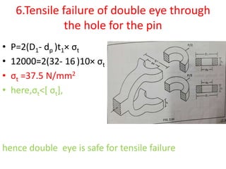 6.Tensile failure of double eye through
the hole for the pin
• P=2(D1- dp )t1× σt
• 12000=2(32- 16 )10× σt
• σt =37.5 N/mm2
• here,σt˂[ σt],
hence double eye is safe for tensile failure
 