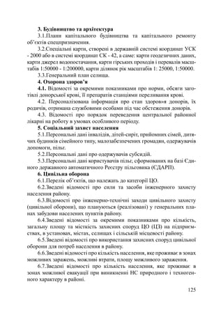 3. Будівництво та архітектура
     3.1.Плани капітального будівництва та капітального ремонту
об’єктів спецпризначення.
     3.2.Спеціальні карти, створені в державній системі координат УСК
- 2000 або в системі координат СК - 42, а саме: карти геодезичних даних,
карти джерел водопостачання, карти гірських проходів і перевалів масш-
табів 1:50000 - 1:200000, карти ділянок рік масштабів 1: 25000, 1:50000.
     3.3.Генеральний план селища.
     4. Охорона здоров’я
     4.1. Відомості за окремими показниками про норми, обсяги заго-
тівлі донорської крові, її препаратів станціями переливання крові.
     4.2. Персоналізована інформація про стан здоров»я донорів, їх
родичів, отримана службовими особами під час обстеження донорів.
     4.3. Відомості про порядок переведення центральної районної
лікарні на роботу в умовах особливого періоду.
     5. Соціальний захист населення
     5.1.Персональні дані інвалідів, дітей-сиріт, прийомних сімей, дитя-
чих будинків сімейного типу, малозабезпечених громадян, одержувачів
допомоги, пільг.
     5.2.Персональні дані про одержувачів субсидій.
     5.3.Персональні дані користувачів пільг, сформованих на базі Єди-
ного державного автоматичного Реєстру пільговика (ЄДАРП).
     6. Цивільна оборона
     6.1.Перелік об’єктів, що належать до категорії ЦО.
     6.2.Зведені відомості про сили та засоби інженерного захисту
населення району.
     6.3.Відомості про інженерно-технічні заходи цивільного захисту
(цивільної оборони), що плануються (реалізовані) у генеральних пла-
нах забудови населених пунктів району.
     6.4.Зведені відомості за окремими показниками про кількість,
загальну площу та місткість захисних споруд ЦО (ЦЗ) на підприєм-
ствах, в установах, містах, селищах і сільській місцевості району.
     6.5.Зведені відомості про використання захисних споруд цивільної
оборони для потреб населення в району.
     6.6.Зведені відомості про кількість населення, яке проживає в зонах
можливих заражень, можливі втрати, площу можливого зараження.
     6.7.Зведені відомості про кількість населення, яке проживає в
зонах можливої евакуації при виникненні НС природного і техноген-
ного характеру в районі.
                                                                    125
 