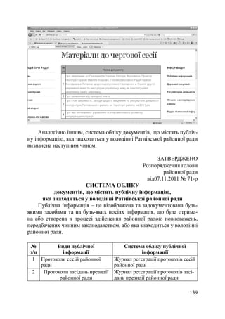 Аналогічно іншим, система обліку документів, що містять публіч-
ну інформацію, яка знаходиться у володінні Ратнівської районної ради
визначена наступним чином.

                                                     ЗАТВЕРДЖЕНО
                                                Розпорядження голови
                                                        районної ради
                                                 від07.11.2011 № 71-р
                       СИСТЕМА ОБЛІКУ
           документів, що містять публічну інформацію,
      яка знаходиться у володінні Ратнівської районної ради
    Публічна інформація – це відображена та задокументована будь-
якими засобами та на будь-яких носіях інформація, що була отрима-
на або створена в процесі здійснення районної радою повноважень,
передбачених чинним законодавством, або яка знаходиться у володінні
районної ради.

 №         Види публічної               Система обліку публічної
 з/п         інформації                        інформації
  1 Протоколи сесій районної        Журнал реєстрації протоколів сесій
     ради                           районної ради
  2   Протоколи засідань президії   Журнал реєстрації протоколів засі-
            районної ради           дань президії районної ради

                                                                   139
 