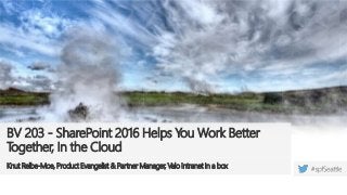 BV 203 - SharePoint 2016 Helps You Work Better
Together, In the Cloud
Knut Relbe-Moe, Product Evangelist & Partner Manager, Valo Intranet in a box
 