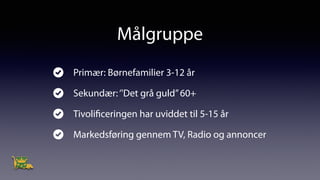 Primær: Børnefamilier 3-12 år
Sekundær:‘'Det grå guld’’60+
Tivolificeringen har uviddet til 5-15 år
Markedsføring gennem TV, Radio og annoncer
Målgruppe
 