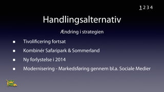 Tivolificering fortsat
Kombinér Safaripark & Sommerland
Ny forlystelse i 2014
Modernisering - Markedsføring gennem bl.a. Sociale Medier
1 2 3 4
Ændring i strategien
Handlingsalternativ
 