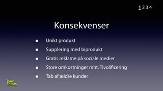 Konsekvenser
Unikt produkt
Supplering med biprodukt
Gratis reklame på sociale medier
Store omkostninger mht. Tivolificering
Tab af ældre kunder
1 2 3 4
 