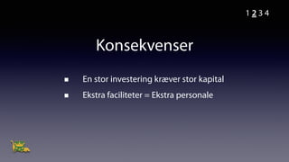 Konsekvenser
En stor investering kræver stor kapital
Ekstra faciliteter = Ekstra personale
1 2 3 4
 