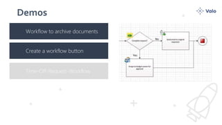 Create a workflow button
Demos
Time-Off-Request-Workflow
Workflow to archive documents
 