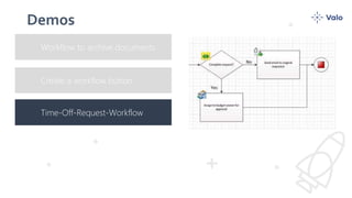 Create a workflow button
Demos
Time-Off-Request-Workflow
Workflow to archive documents
 