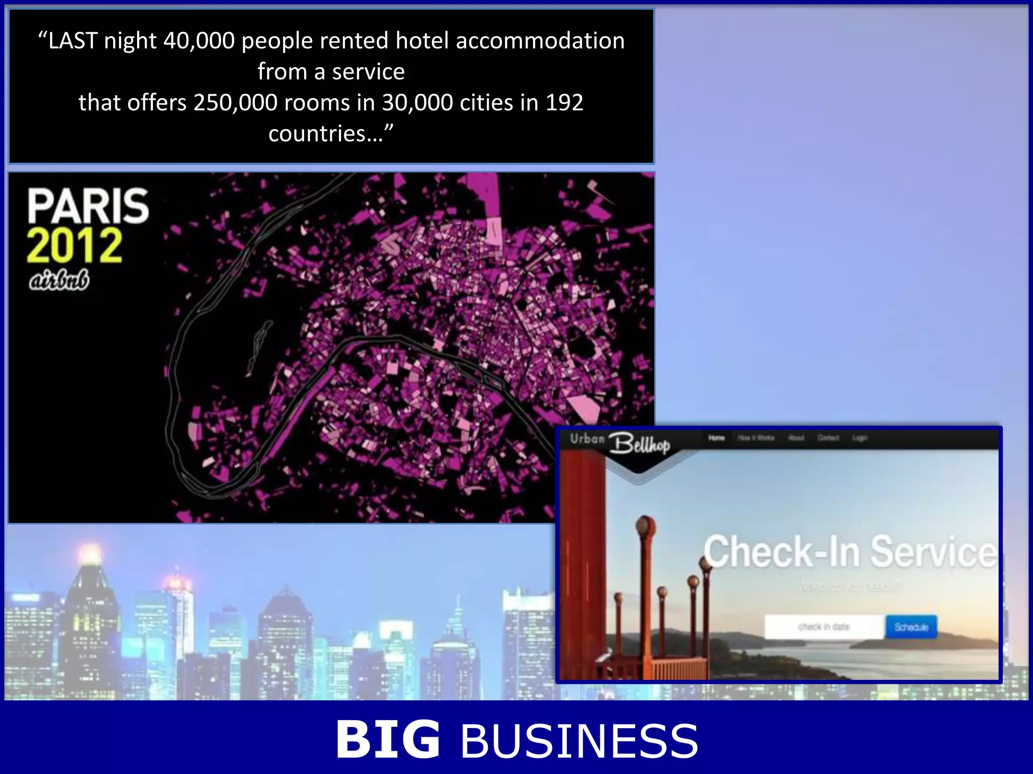 “LAST night 40,000 people rented hotel accommodation
from a service
that offers 250,000 rooms in 30,000 cities in 192
countries…”
BIG BUSINESS