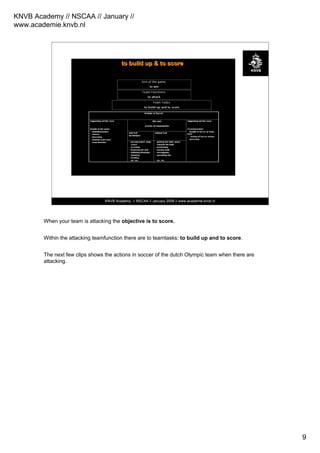 KNVB Academy // NSCAA // January //
www.academie.knvb.nl
9
KNVB Academy // NSCAA // January 2008 // www.academie.knvb.nl
toto buildbuild upup & to score& to score
When your team is attacking the objective is to score.
Within the attacking teamfunction there are to teamtasks: to build up and to score.
The next few clips shows the actions in soccer of the dutch Olympic team when there are
attacking.
 