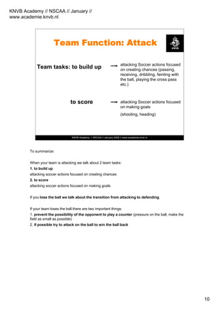 KNVB Academy // NSCAA // January //
www.academie.knvb.nl
10
KNVB Academy // NSCAA // January 2008 // www.academie.knvb.nl
Team Function: Attack
Team tasks: to build up
to score
attacking Soccer actions focused
on creating chances (passing,
receiving, dribbling, feinting with
the ball, playing the cross pass
etc.)
attacking Soccer actions focused
on making goals
(shooting, heading)
To summarize:
When your team is attacking we talk about 2 team tasks:
1. to build up
attacking soccer actions focused on creating chances
2. to score
attacking soccer actions focused on making goals
If you lose the ball we talk about the transition from attacking to defending.
If your team loses the ball there are two important things:
1. prevent the possibility of the opponent to play a counter (pressure on the ball, make the
field as small as possible)
2. if possible try to attack on the ball to win the ball back
 