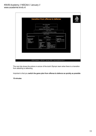 KNVB Academy // NSCAA // January //
www.academie.knvb.nl
11
KNVB Academy // NSCAA // January 2008 // www.academie.knvb.nl
transition from offense to defensetransition from offense to defense
The next clip shows the actions in soccer of the dutch Olympic team when there is a transition
from attacking to defending.
Important is that you switch the game plan from offense to defence as quickly as possible
15 minutes
 