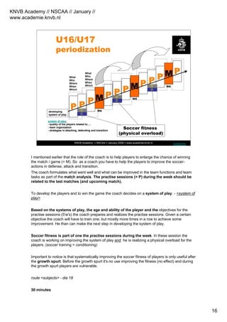 KNVB Academy // NSCAA // January //
www.academie.knvb.nl
16
KNVB Academy // NSCAA // January 2008 // www.academie.knvb.nl
What
Who
Where
When
Which
P
M
P P
P
P
M P P
P
P M P
system ofsystem of playplay::
-- qualityquality of theof the playersplayers relatedrelated toto……..
-- teamteam organizationorganization
-- strategiesstrategies inin attackingattacking,, defendingdefending andand transitiontransition
developingdeveloping
system ofsystem of playplay
MA
MA
MA
Soccer fitness
(physical overload)
U16/U17
periodization
What
Who
Where
When
Which
subjects
I mentioned earlier that the role of the coach is to help players to enlarge the chance of winning
the match / game (= M). So as a coach you have to help the players to improve the soccer-
actions in defense, attack and transition.
The coach formulates what went well and what can be improved in the team functions and team
tasks as part of the match analysis. The practise sessions (= P) during the week should be
related to the last matches (and upcoming match).
To develop the players and to win the game the coach decides on a system of play. - <system of
play>
Based on the systems of play, the age and ability of the player and the objectives for the
practise sessions (5'w's) the coach prepares and realizes the practise sessions. Given a certain
objective the coach will have to train one, but mostly more times in a row to achieve some
improvement. He than can make the next step in developing the system of play.
Soccer fitness is part of one the practise sessions during the week. In these session the
coach is working on improving the system of play and he is realizing a physical overload for the
players. (soccer training = conditioning)
Important to notice is that systematically improving the soccer fitness of players is only useful after
the growth spurt. Before the growth spurt it's no use improving the fitness (no effect) and during
the growth spurt players are vulnerable.
route <subjects> - dia 18
30 minutes
 