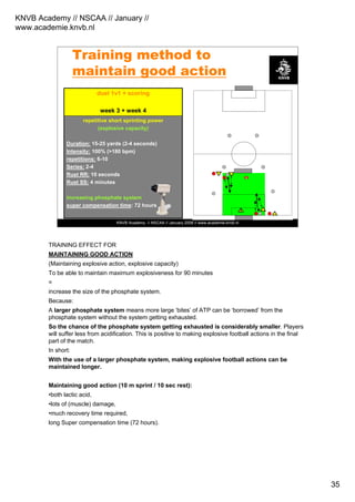 KNVB Academy // NSCAA // January //
www.academie.knvb.nl
35
KNVB Academy // NSCAA // January 2008 // www.academie.knvb.nl
Training method to
maintain good action
repetitive short sprinting power
(explosive capacity)
Duration: 15-25 yards (2-4 seconds)
Intensity: 100% (>180 bpm)
repetitions: 6-10
Series: 2-4
Rust RR: 10 seconds
Rust SS: 4 minutes
increasing phosphate system
super compensation time: 72 hours
duel 1v1 + scoring
week 3 + week 4
1
1
TRAINING EFFECT FOR
MAINTAINING GOOD ACTION
(Maintaining explosive action, explosive capacity)
To be able to maintain maximum explosiveness for 90 minutes
=
increase the size of the phosphate system.
Because:
A larger phosphate system means more large ‘bites’ of ATP can be ‘borrowed’ from the
phosphate system without the system getting exhausted.
So the chance of the phosphate system getting exhausted is considerably smaller. Players
will suffer less from acidification. This is positive to making explosive football actions in the final
part of the match.
In short:
With the use of a larger phosphate system, making explosive football actions can be
maintained longer.
Maintaining good action (10 m sprint / 10 sec rest):
•both lactic acid,
•lots of (muscle) damage,
•much recovery time required,
long Super compensation time (72 hours).
 