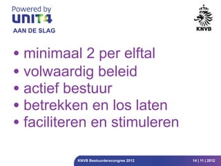 AAN DE SLAG



• minimaal 2 per elftal
• volwaardig beleid
• actief bestuur
• betrekken en los laten
• faciliteren en stimuleren
              KNVB Bestuurderscongres 2012   14 | 11 | 2012
 
