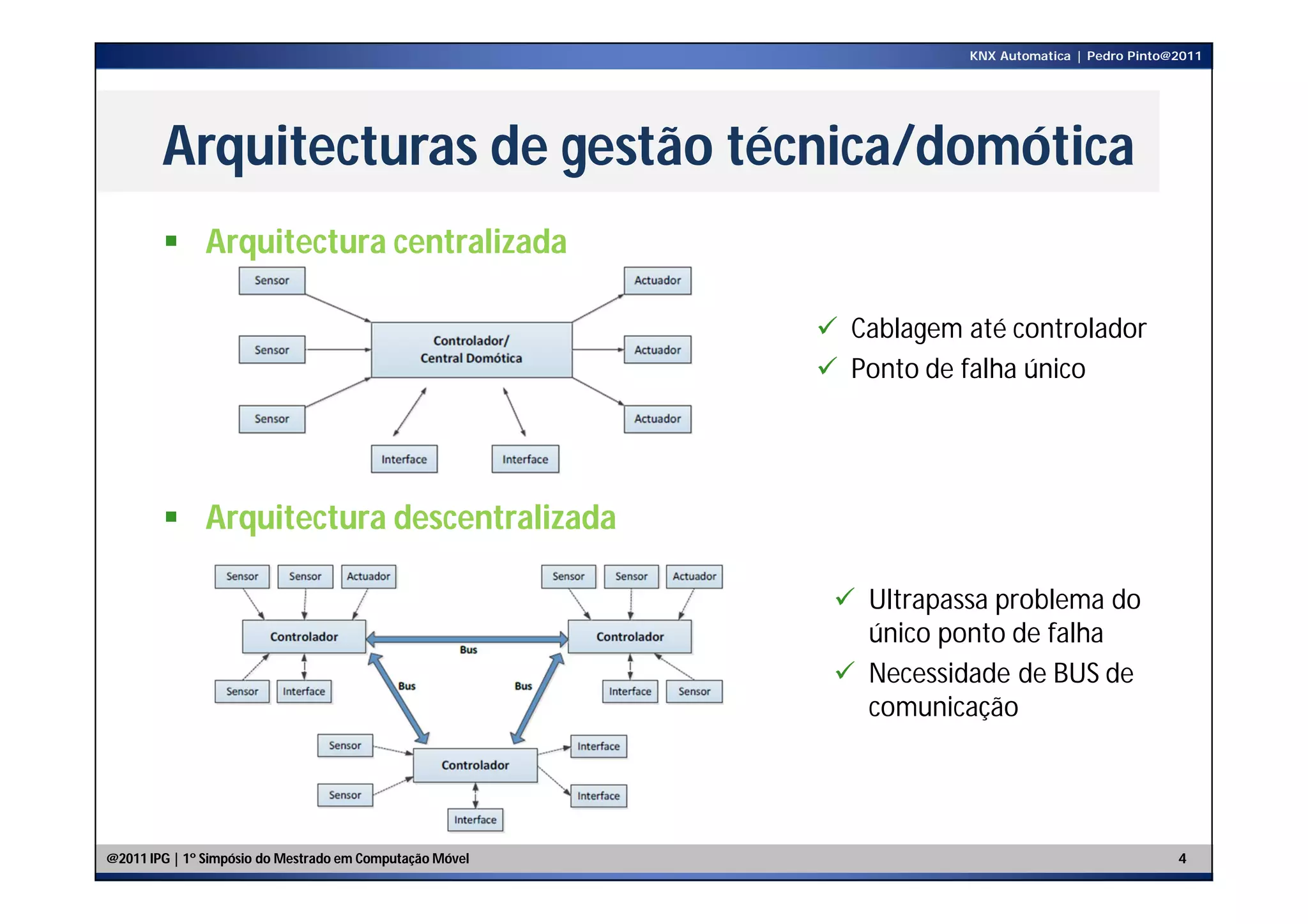 KNX Automatica | Pedro Pinto@2011




        Arquitecturas de gestão técnica/domótica
         Arquitectura centralizada

                                                               Cablagem até controlador
                                                               Ponto de falha único




         Arquitectura descentralizada

                                                          X     Ultrapassa problema do
                                                                 único ponto de falha
                                                                Necessidade de BUS de
                                                                 comunicação




@2011 IPG | 1º Simpósio do Mestrado em Computação Móvel                                                4
 
