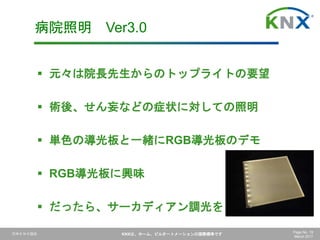 日本ＫＮＸ協会 KNXは、ホーム、ビルオートメーションの国際標準です Page No. 19
March 2017
 元々は院長先生からのトップライトの要望
 術後、せん妄などの症状に対しての照明
 単色の導光板と一緒にRGB導光板のデモ
 RGB導光板に興味
 だったら、サーカディアン調光を
病院照明 Ver3.0
 