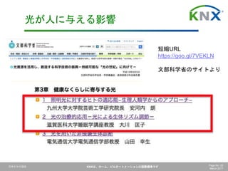 日本ＫＮＸ協会 KNXは、ホーム、ビルオートメーションの国際標準です Page No. 25
March 2017
短縮URL
https://goo.gl/7VEKLN
文部科学省のサイトより
光が人に与える影響
 