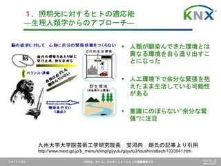 日本ＫＮＸ協会 KNXは、ホーム、ビルオートメーションの国際標準です Page No. 26
March 2017
 人類が馴染んできた環境とは
異なる環境を自ら造り出すこ
とになった
 人工環境下で余分な緊張を抱
えたまま生活している可能性
がある
 意識にのぼらない”余分な緊
張”に注目
１．照明光に対するヒトの適応能
―生理人類学からのアプローチ―
九州大学大学院芸術工学研究院長 安河内 朗氏の記事より引用
http://www.mext.go.jp/b_menu/shingi/gijyutu/gijyutu3/toushin/attach/1333541.htm
 