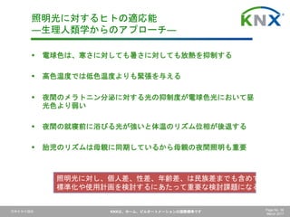 日本ＫＮＸ協会 KNXは、ホーム、ビルオートメーションの国際標準です Page No. 36
March 2017
照明光に対するヒトの適応能
―生理人類学からのアプローチ―
 電球色は、寒さに対しても暑さに対しても放熱を抑制する
 高色温度では低色温度よりも緊張を与える
 夜間のメラトニン分泌に対する光の抑制度が電球色光において昼
光色より弱い
 夜間の就寝前に浴びる光が強いと体温のリズム位相が後退する
 胎児のリズムは母親に同期しているから母親の夜間照明も重要
照明光に対し、個人差、性差、年齢差、は民族差までも含めて、
標準化や使用計画を検討するにあたって重要な検討課題になる
 