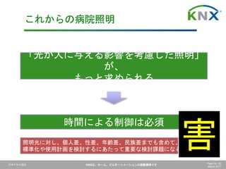 日本ＫＮＸ協会 KNXは、ホーム、ビルオートメーションの国際標準です Page No. 40
March 2017
これからの病院照明
「光が人に与える影響を考慮した照明」
が、
もっと求められる
時間による制御は必須
照明光に対し、個人差、性差、年齢差、民族差までも含めて、
標準化や使用計画を検討するにあたって重要な検討課題になる
害
 
