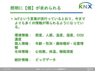 日本ＫＮＸ協会 KNXは、ホーム、ビルオートメーションの国際標準です Page No. 42
March 2017
 IoTという言葉が流行っているとおり、今まで
よりも多くの情報が得られるようになってい
る。
環境情報： 照度、人感、温度、湿度、CO2
濃度
個人情報： 年齢・性別・趣味嗜好・位置情
報
生体情報： 心拍数、体温、睡眠深度
統計情報： ビッグデータ
照明に【個】が求められる
 