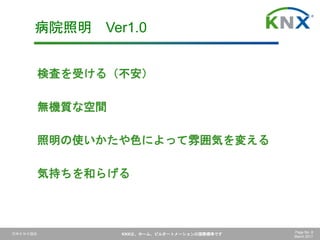 日本ＫＮＸ協会 KNXは、ホーム、ビルオートメーションの国際標準です Page No. 8
March 2017
検査を受ける（不安）
無機質な空間
照明の使いかたや色によって雰囲気を変える
気持ちを和らげる
病院照明 Ver1.0
 