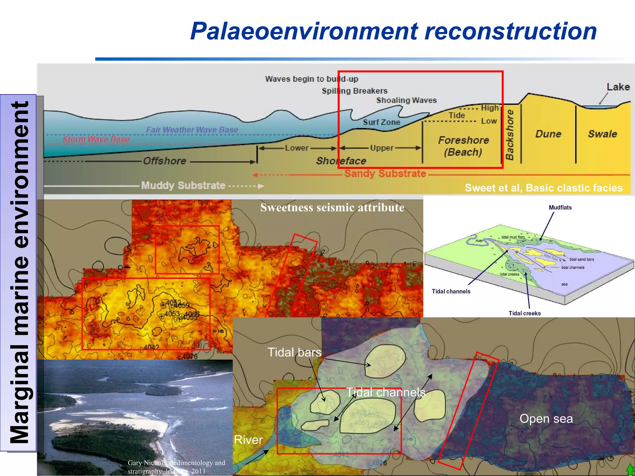 Palaeoenvironment reconstruction Sweet et al, Basic clastic facies Marginal marine environment Sweetness seismic attribute Gary Nichols, Sedimentology and stratigraphy, lectures, 2011 Tidal channels Tidal bars River Open sea 