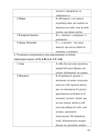 тєжко-с працувала, не 
гайнувала-с» 
2 Марія Б «Почорнів, і очі запали 
всередину так, що майже не 
дивилися на світ, лиш на той 
камінь, що давив груди» 
3 Катерина Іваниха В «…дивний і з натурою, і з 
роботою» 
4 Гриць Летючий Г «…а молока – то мала 
такого, що могла дітей не 
плекати, а купати» 
4. Установіть відповідність між персонажами та їхніми 
характеристиками. (1 б.) 1-В; 2-А; 3-Г; 4-Б. 
1 Сава А «Він був високим зростом, 
вищий від свого брата, але 
ніжно збудований, як мати» 
2 Михайло Б «Середнього зросту, з 
темними, як шовк, волоссям, 
мала на собі скромну ріклю, 
що, не стісняючи її в руках, 
приставала пестливо до її 
молодої, гнучкої статі, що, 
на око ніжна, таїла в собі 
силу та вабила до себе, мов 
музика, гармонією 
жіночності. Не підводила 
очей, зближаючися чимраз 
більше до громадки людей». 
106 
 