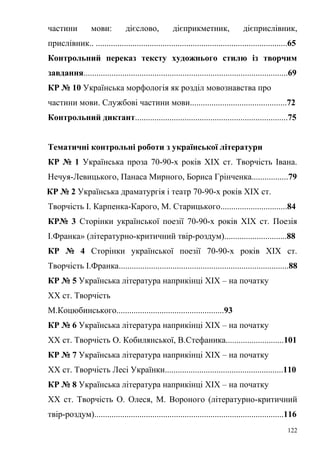 частини мови: дієслово, дієприкметник, дієприслівник, 
прислівник.. .........................................................................................65 
Контрольний переказ тексту художнього стилю із творчим 
завдання...............................................................................................69 
КР № 10 Українська морфологія як розділ мовознавства про 
частини мови. Службові частини мови.............................................72 
Контрольний диктант.......................................................................75 
Тематичні контрольні роботи з української літератури 
КР № 1 Українська проза 70-90-х років ХІХ ст. Творчість Івана. 
Нечуя-Левицького, Панаса Мирного, Бориса Грінченка.................79 
КР № 2 Українська драматургія і театр 70-90-х років ХІХ ст. 
Творчість І. Карпенка-Карого, М. Старицького...............................84 
КР№ 3 Сторінки української поезії 70-90-х років ХІХ ст. Поезія 
І.Франка» (літературно-критичний твір-роздум).............................88 
КР № 4 Сторінки української поезії 70-90-х років ХІХ ст. 
Творчість І.Франка...............................................................................88 
КР № 5 Українська література наприкінці ХІХ – на початку 
ХХ ст. Творчість 
М.Коцюбинського..................................................93 
КР № 6 Українська література наприкінці ХІХ – на початку 
ХХ ст. Творчість О. Кобилянської, В.Стефаника...........................101 
КР № 7 Українська література наприкінці ХІХ – на початку 
ХХ ст. Творчість Лесі Українки.......................................................110 
КР № 8 Українська література наприкінці ХІХ – на початку 
ХХ ст. Творчість О. Олеся, М. Вороного (літературно-критичний 
твір-роздум)........................................................................................116 
122 
 