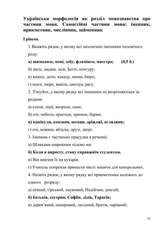 Українська морфологія як розділ мовознавства про 
частини мови. Самостійні частини мови: іменник, 
прикметник, числівник, займенник 
І рівень 
1. Вкажіть рядок, у якому всі запозичені іменники чоловічого 
роду: 
а) шимпанзе, поні, зебу, фламінго, маестро; (0,5 б.) 
б) місіс, мадам, леді, Бетті, кенгуру; 
в) кашне, депо, какаду, меню, бюро; 
г) шосе, пюре, ваніль, амплуа, рагу. 
2. З’ясуйте, у якому рядку всі іменники не розрізняються за 
родами: 
а) степи, лінії, витрати, сани; 
б) очі, чоботи, пригоди, примхи, барви; 
в) канікули, ковзани, штани, дріжджі, оглядини; 
г) очі, ножиці, яблука, друзі, двері. 
3. Іменник є частиною присудка в реченні: 
а) Шляхами широкими підемо ми. 
б) Коли я виросту, стану справжнім студентом. 
в) Він вивчив їх на кухарів. 
г) Учитель попрохав принести чисті зошити для контрольних. 
4. Назвіть рядок, у якому рядку всі прикметники належать до 
одного розряду: 
а) нічний, гірський, науковий, Надійчин, довгий; 
б) батьків, сестрин, Софіїн, дідів, Тарасів; 
в) дерев’яний, паперовий, лагідний, братів, чарівний; 
52 
 
