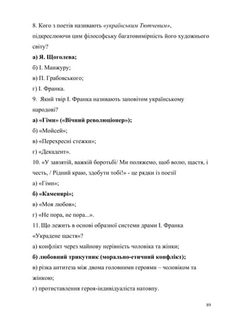 8. Кого з поетів називають «українським Тютчевим», 
підкреслюючи цим філософську багатовимірність його художнього 
світу? 
а) Я. Щоголева; 
б) І. Манжуру; 
в) П. Грабовського; 
г) І. Франка. 
9. Який твір І. Франка називають заповітом українському 
народові? 
а) «Гімн» («Вічний революціонер»); 
б) «Мойсей»; 
в) «Перехресні стежки»; 
г) «Декадент». 
10. «У завзятій, важкій боротьбі/ Ми поляжемо, щоб волю, щастя, і 
честь, / Рідний краю, здобути тобі!» - це рядки із поезії 
а) «Гімн»; 
б) «Каменярі»; 
в) «Моя любов»; 
г) «Не пора, не пора...». 
11. Що лежить в основі образної системи драми І. Франка 
«Украдене щастя»? 
а) конфлікт через майнову нерівність чоловіка та жінки; 
б) любовний трикутник (морально-етичний конфлікт); 
в) різка антитеза між двома головними героями – чоловіком та 
жінкою; 
г) протиставлення героя-індивідуаліста натовпу. 
89 
 