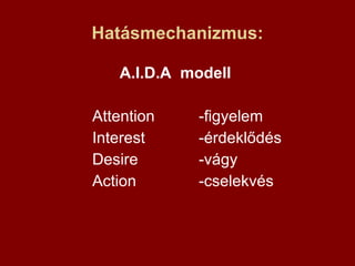 Hatásmechanizmus: <ul><li>A.I.D.A  modell   </li></ul><ul><li>Attention  -figyelem  </li></ul><ul><li>Interest  -érdeklődé...