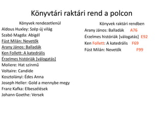 Könyvtári raktári rend a polconKönyvek rendezetlenülAldous Huxley: Szép új világSzabó Magda: AbigélFüst Milán: NevetőkArany János: BalladákKen Follett: A katedrálisÉrzelmes históriák [válogatás]Moliere: Hat színműVoltaire: CandideKosztolányi: Édes AnnaJoseph Heller: Gold a mennybe megyFranz Kafka: ElbeszélésekJohann Goethe: VersekKönyvek raktári rendbenArany János: Balladák      A76Érzelmes históriák [válogatás]  E92Ken Follett: A katedrális    F69Füst Milán: Nevetők	   F99