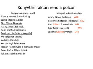 Könyvtári raktári rend a polconKönyvek rendezetlenülAldous Huxley: Szép új világSzabó Magda: AbigélFüst Milán: NevetőkArany János: BalladákKen Follett: A katedrálisÉrzelmes históriák [válogatás]Moliere: Hat színműVoltaire: CandideKosztolányi: Édes AnnaJoseph Heller: Gold a mennybe megyFranz Kafka: ElbeszélésekJohann Goethe: VersekKönyvek raktári rendbenArany János: Balladák      A76Érzelmes históriák [válogatás]  E92Ken Follett: A katedrális    F69Füst Milán: Nevetők	   F99Johann Goethe: Versek    G49